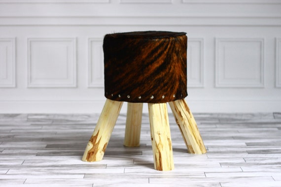 Luxury Beautiful Real SHAGGY Cowhide STOOL, Chair, Pouf, Scandinavian Design Birch Tree stool