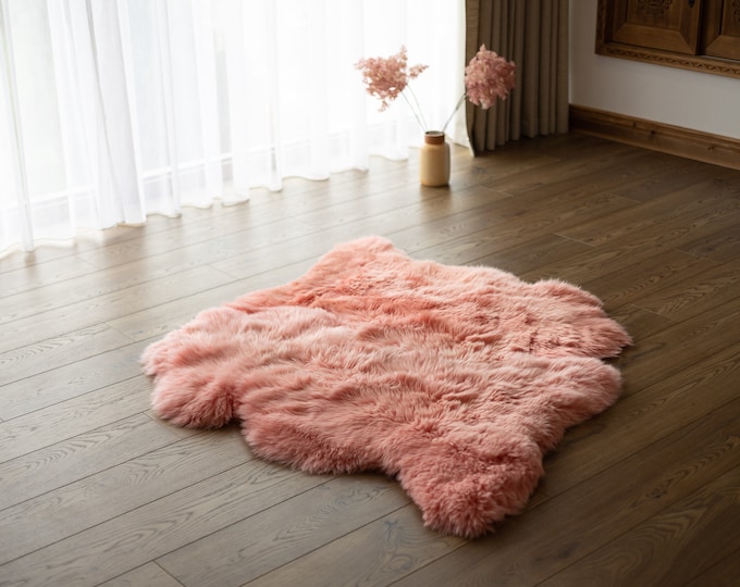 Double Pink Merino Sheepskin Rug | Long rug | Shaggy Rug | Chair Cover | Area Rug | Pink Rug | Carpet | Pink Throw | Sheep Skin