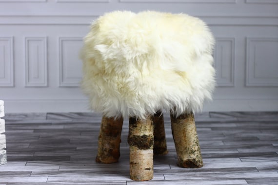 Luxury Beautiful Real SHAGGY White SHEEPSKIN STOOL, Chair, Pouf, Scandinavian Design