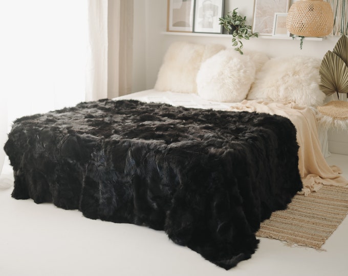 Luxurious Patchwork Toscana Sheepskin Rug Fur Throw | Real Fur Blanket | Sheepskin throw | Black Brown Sheepskin Blanket Boho |FuFu386