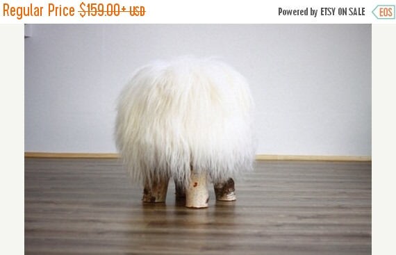 Icelandic Sheepskin Stool | Sheepskin pouf | Sheepskin Chair | Wooden stool | Birch tree stool | dressing table stool | White Stool