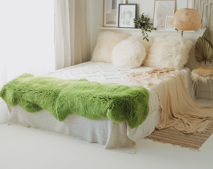 Double Green Merino Sheepskin Rug | Long rug | Shaggy Rug | Chair Cover | Area Rug | Green Rug | Carpet | Green Throw | Sheep Skin 8POL7