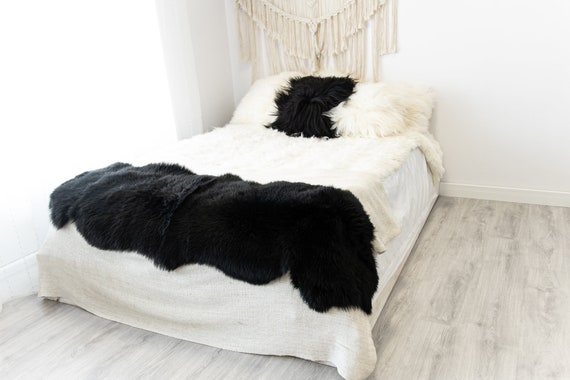 Double Black Merino Sheepskin Rug | Long rug | Shaggy Rug | Chair Cover | Area Rug | Black Rug | Carpet | Black Sheepskin Merino Black
