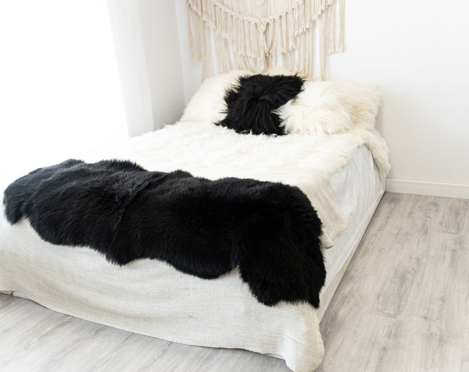 Double Black Merino Sheepskin Rug | Long rug | Shaggy Rug | Chair Cover | Area Rug | Black Rug | Carpet | Black Sheepskin Merino Black