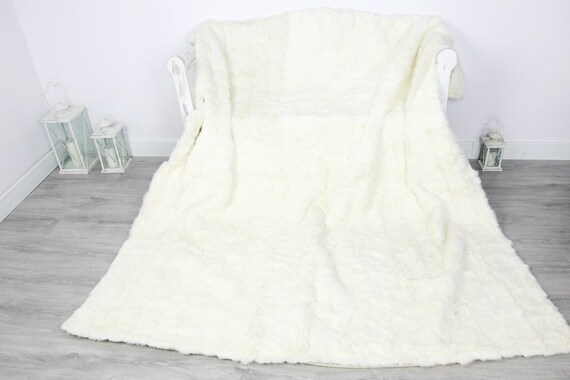 Exclusive Real Cremy White Rabbit Throw, Rabbit Fur, Super Soft Rabbit Throw