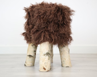 Wood Stool |  Fur Stool | Sheepskin pouf |Sheepskin stool | Vanity Stool | Birch tree stool |  fur stool