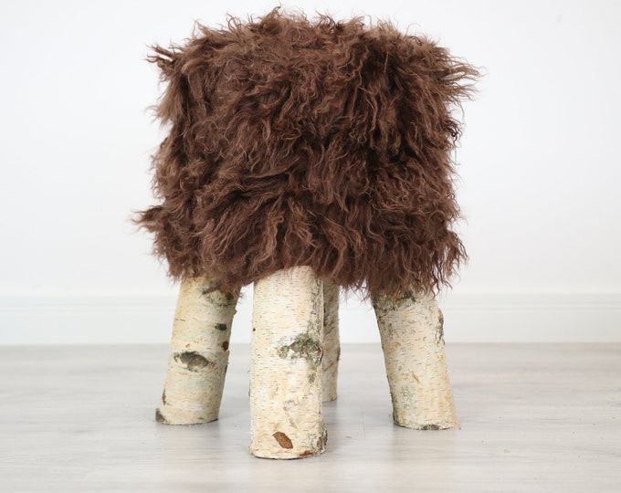 Wood Stool |  Fur Stool | Sheepskin pouf |Sheepskin stool | Vanity Stool | Birch tree stool |  fur stool