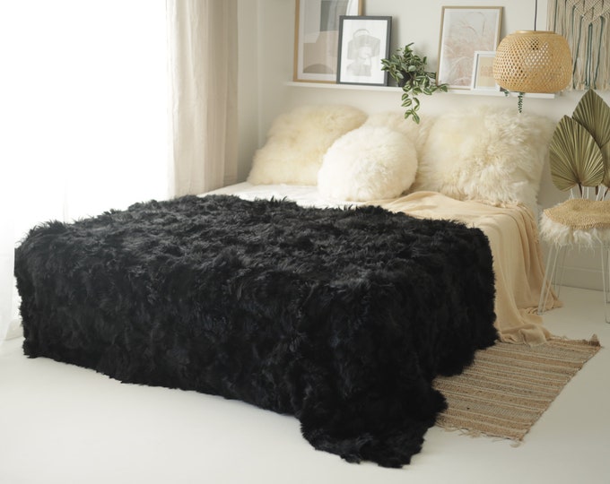 Luxurious Patchwork Toscana Sheepskin Rug Fur Throw | Real Fur Blanket | Sheepskin throw | Black Sheepskin Blanket Boho |FuFu375