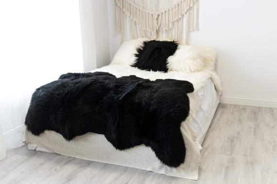 Triple Black Merino Sheepskin Rug | Long rug | Shaggy Rug | Chair Cover | Area Rug | Black Rug | Carpet | Black Sheepskin Merino Black