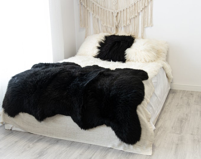 Triple Black Merino Sheepskin Rug | Long rug | Shaggy Rug | Chair Cover | Area Rug | Black Rug | Carpet | Black Sheepskin Merino Black