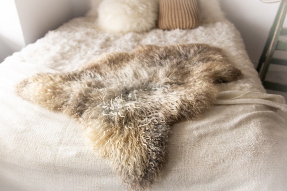 Real Sheepskin Rug Genuine Rare Gotland Sheepskin Rus - Curly Fur Rug Scandinavian Sheep skin - Gray Gold Sheepskin #Bohgot11