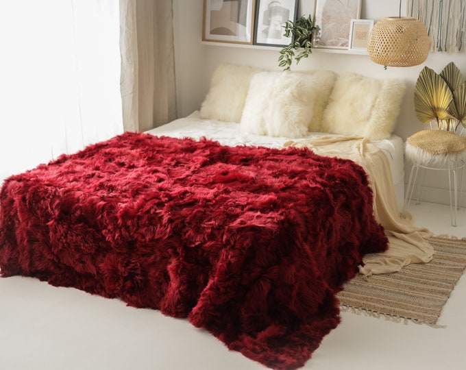 Luxurious Patchwork Toscana Sheepskin Rug Fur Throw | Real Fur Blanket | Sheepskin throw | Burgundy Sheepskin Blanket Boho |FuFu404