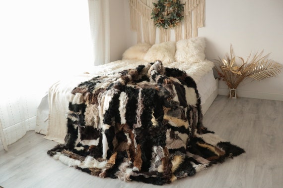 Luxurious Patchwork Toscana Sheepskin Real Fur Throw | Real Fur Blanket | Sheepskin throw | Boho Throw | FUFU13