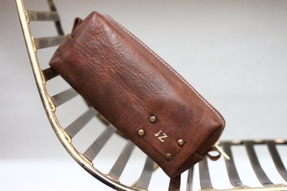 Handmade Men's Real Leather Toiletry Case Dopp Kit Shaving Bag OOAK Groomsmen Large Personalized