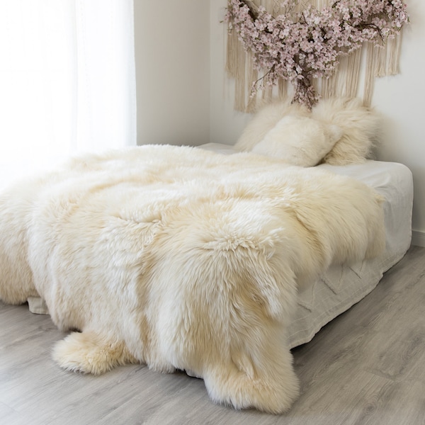 Real Fur Sheepskin Throw | Super Large | Sheepskin Rug | Boho Blanket | Merino Sexto sheepskin Made Of 6 Sewn Sheepskins | Scandinavian Home