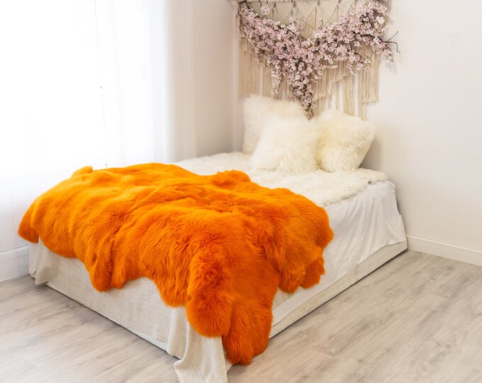 Quad Orange Merino Sheepskin Rug | Long rug | Shaggy Rug | Chair Cover | Area Rug | Orange Rug | Carpet | Orange Throw | Sheep Skin