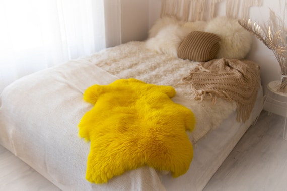 Genuine Natural Yellow Sheepskin Rug Sheepskin Throw Scandinavian Style | Scandinavian Rug | Yellow Sheepskin Home Decor