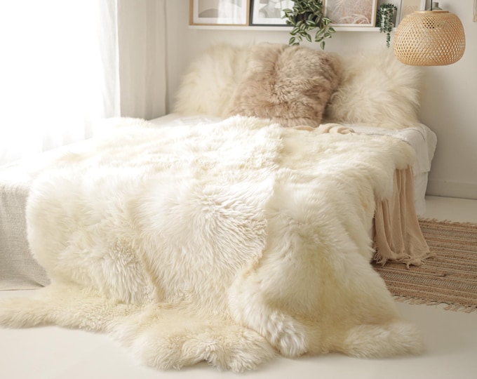 Real Fur Sheepskin Throw | Super Large | Sheepskin Rug | Boho Blanket | Merino Sexto sheepskin Made Of 6 Sewn Sheepskins | Scandinavian Home