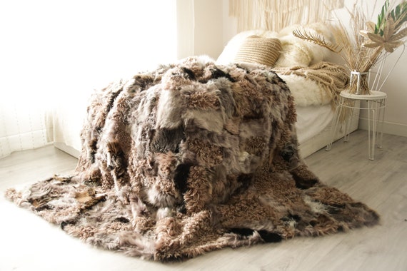 Luxurious Patchwork Toscana Sheepskin Real Fur Throw | Real Fur Blanket | Sheepskin throw | Boho Throw |3FU5