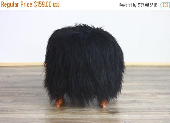 ON SALE WOW! Exclusive Luxury Beautiful Unique Natural, Real icelandic Sheepskin Stool, bench, chair cover soft, long fur black