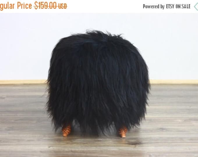 ON SALE WOW! Exclusive Luxury Beautiful Unique Natural, Real icelandic Sheepskin Stool, bench, chair  cover soft, long fur black