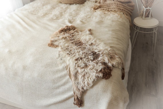 Real Sheepskin Rug Genuine Rare Mongolian Sheepskin Rus - Curly Fur Rug Scandinavian Sheep skin - Ivory White Curly Sheepskin #2Bohgot13