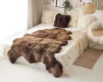 Bear Shape Real Fur Sheepskin Throw | Super Large | Sheepskin Rug | Boho Blanket | Merino Brown Sheepskin Rug