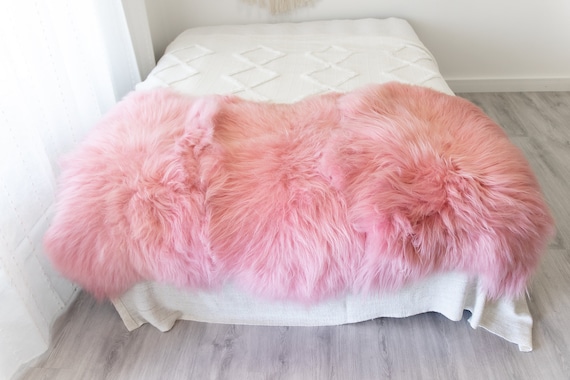 Triple Baby Pink Sheepskin Rug | Long rug | Shaggy Rug | Chair Cover | Area Rug | Baby Pink Rug | Carpet | Baby Pink Throw | Sheep Skin