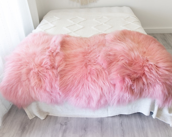 Triple Baby Pink Sheepskin Rug | Long rug | Shaggy Rug | Chair Cover | Area Rug | Baby Pink Rug | Carpet | Baby Pink Throw | Sheep Skin