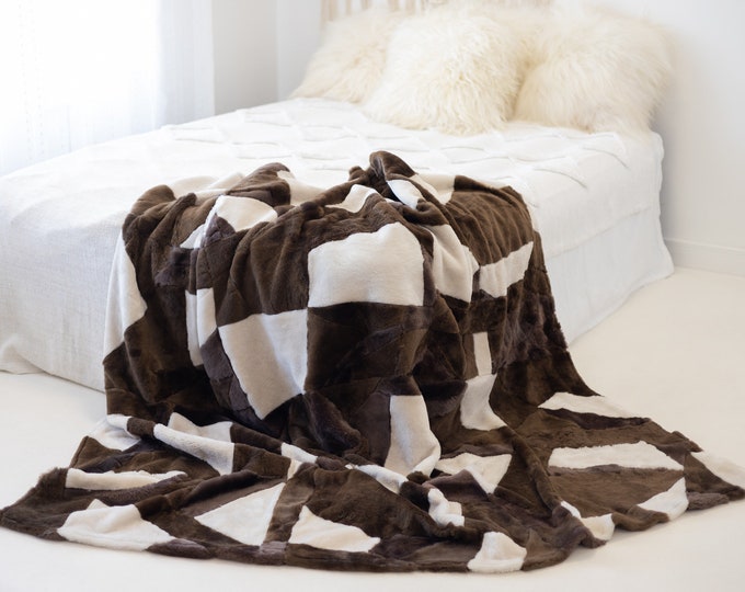 Luxurious Patchwork Toscana Sheepskin Real Fur Throw | Real Fur Blanket | Sheepskin throw | White Brown Sheepskin Blanket Boho |FuFu306