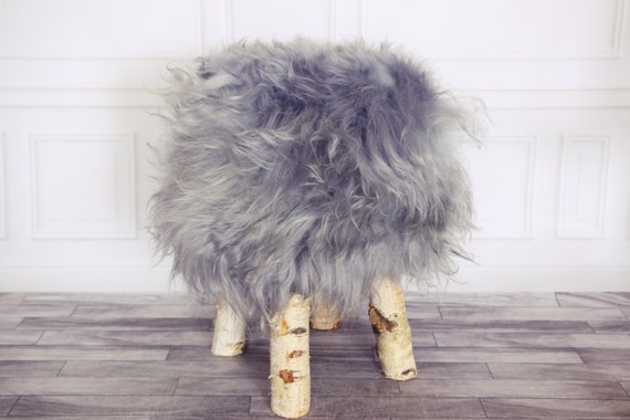 Wood Stool | Grey Fur Stool | Sheepskin pouf | Icelandic Sheepskin stool | Vanity Stool | Birch tree stool | Grey stool