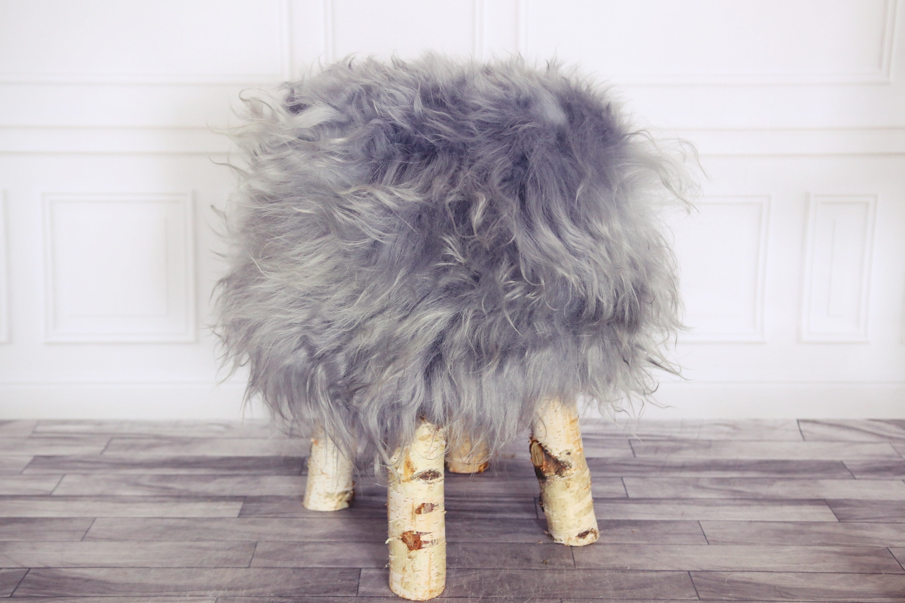 Wood Stool Grey Fur Stool Sheepskin Pouf Icelandic Sheepskin Stool Vanity Stool Birch Tree Stool Grey Stool