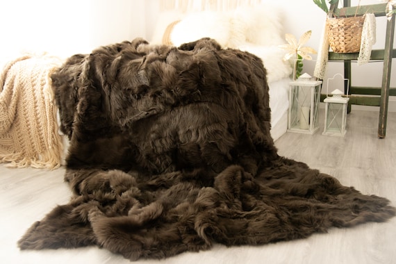 Luxurious Toscana Sheepskin Real Fur Bed Spread Throw Real Fur Blanket Sheepskin Sofa Cover Luxury Blanket Comforter Olive Green #FU991