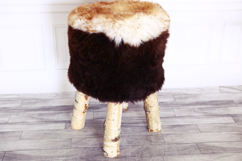 Sheepskin stool Brown stool Fur Stool Wood Stool Vanity Stool Birch tree stool Sheepskin pouf