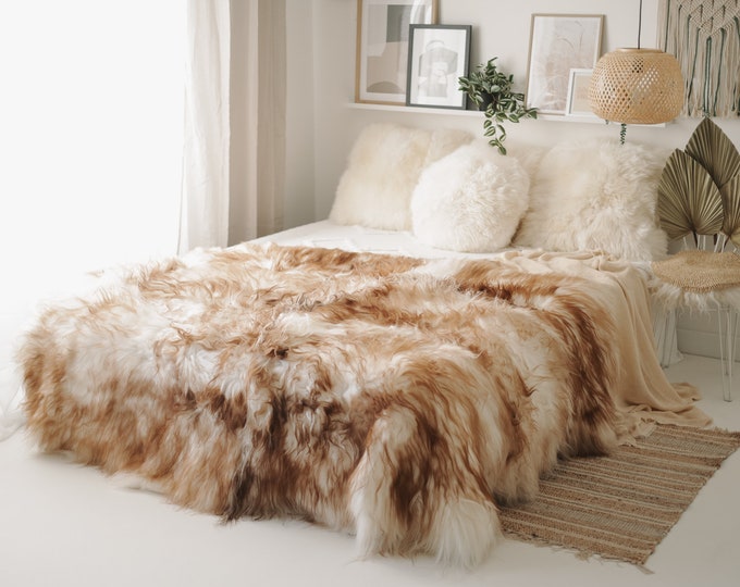 Real Fur Sheepskin Throw | Super Large | Sheepskin Rug | Boho Blanket | Icelandic sheepskin Made Of 6 Sewn Sheepskins | Scandinavian Home