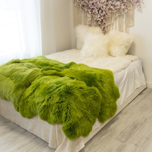 Quad Green Merino Sheepskin Rug | Long rug | Shaggy Rug | Chair Cover | Area Rug | Green Rug | Carpet | Green Throw | Sheep Skin