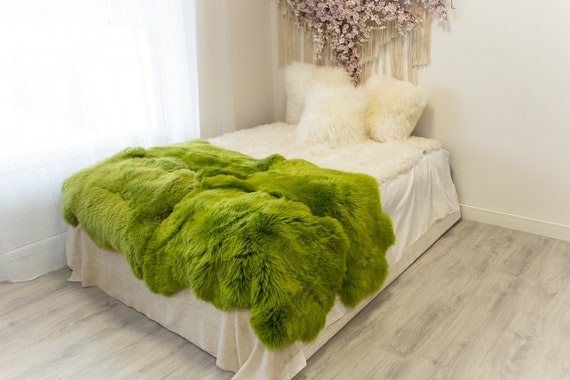 Quad Green Merino Sheepskin Rug | Long rug | Shaggy Rug | Chair Cover | Area Rug | Green Rug | Carpet | Green Throw | Sheep Skin