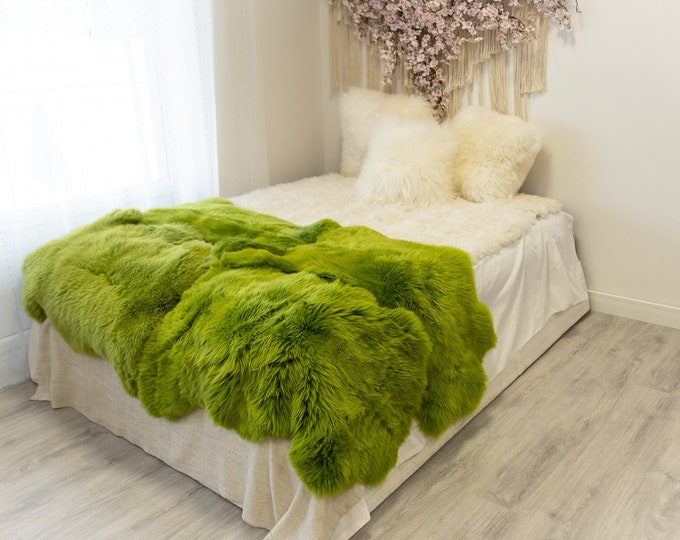 Quad Green Merino Sheepskin Rug | Long rug | Shaggy Rug | Chair Cover | Area Rug | Green Rug | Carpet | Green Throw | Sheep Skin