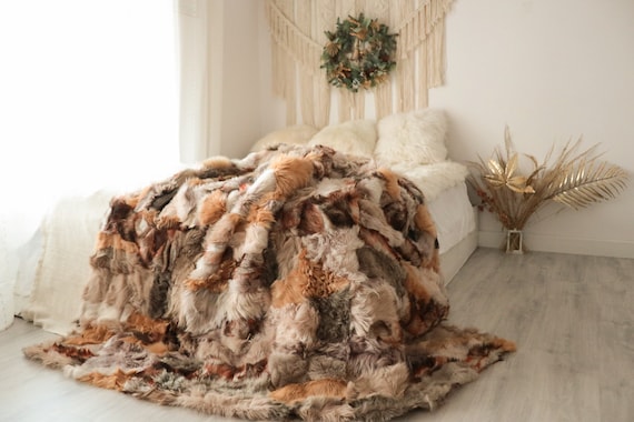 Luxurious Patchwork Toscana Sheepskin Real Fur Throw | Real Fur Blanket | Sheepskin throw | Boho Throw | FUFU11