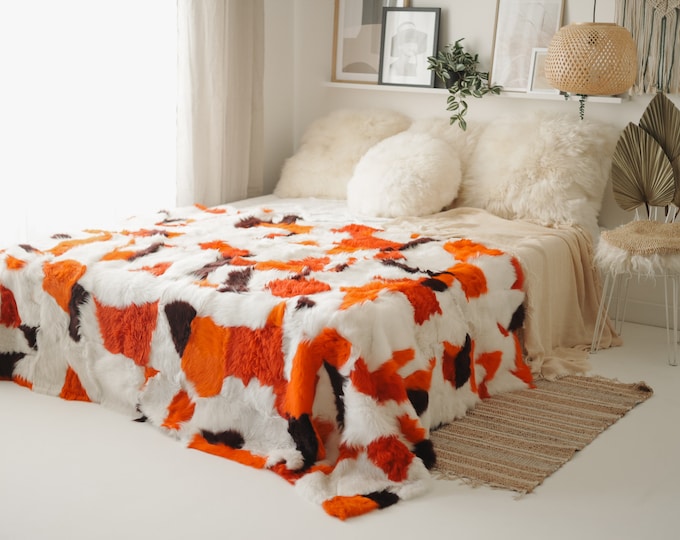 Luxurious Patchwork Toscana Sheepskin Rug Fur Throw | Real Fur Blanket | Sheepskin throw | White Orange Sheepskin Blanket Boho |FuFu361