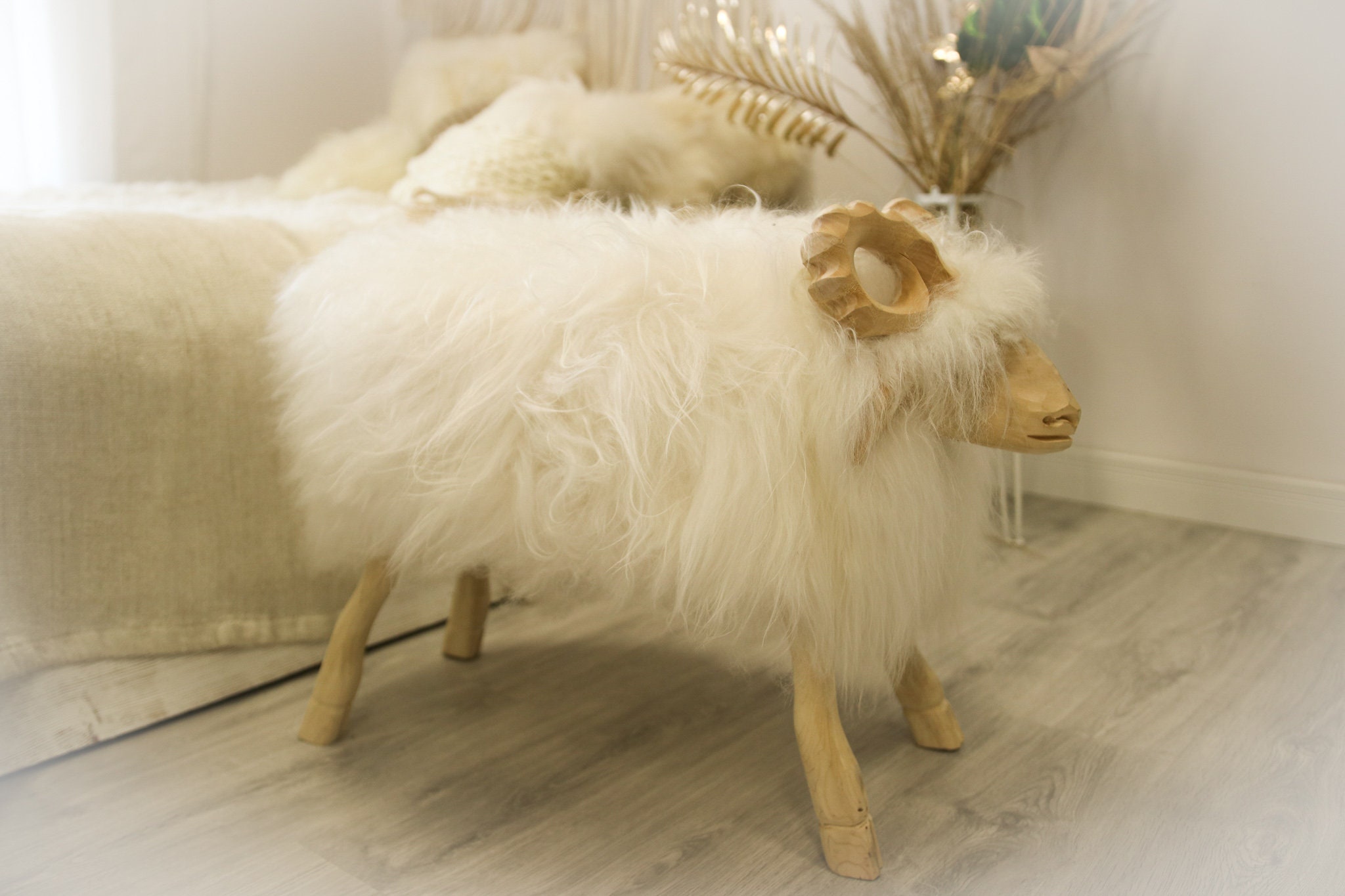 Sheepskin Bench Nursery decor Handmade wooden Sheep bench