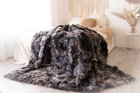 Luxurious Patchwork Toscana Sheepskin Real Fur Throw | Real Fur Blanket | Sheepskin throw | Gray Throw |1Fu30