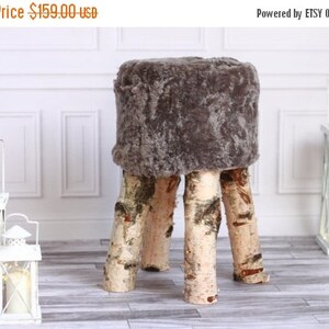 ON SALE Sheepskin stool | Birch Tree Stool | Wood Stool | Fur Stool | Dressing Stool | Wooden Stool | Scandinavian Stool