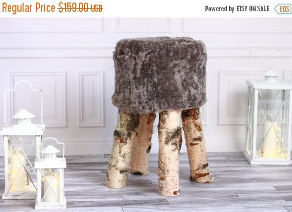ON SALE Sheepskin stool | Birch Tree Stool | Wood Stool | Fur Stool | Dressing Stool | Wooden Stool | Scandinavian Stool