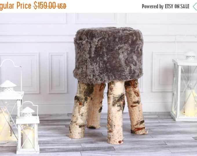 ON SALE Sheepskin stool | Birch Tree Stool | Wood Stool | Fur Stool | Dressing Stool | Wooden Stool | Scandinavian Stool