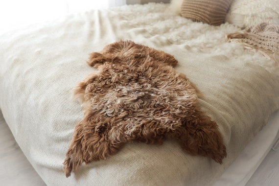 Real Sheepskin Rug Genuine Rare Mongolian Sheepskin Rus - Curly Fur Rug Scandinavian Sheep skin - Ivory White Curly Sheepskin #2Bohgot12