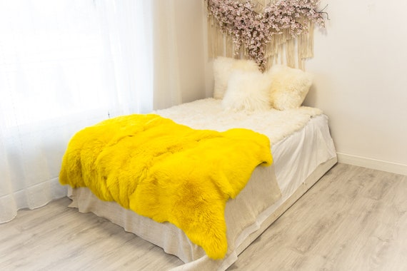Triple Yellow Merino Sheepskin Rug | Long rug | Shaggy Rug | Chair Cover | Area Rug | Yellow Rug | Carpet | Yellow Throw | Sheep Skin