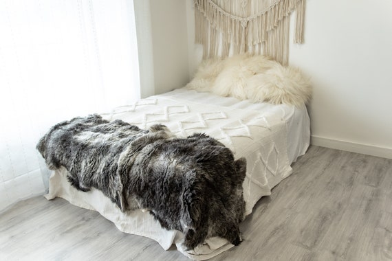Double Gray White Sheepskin Rug | Long rug | Shaggy Rug | Chair Cover | Area Rug | Blue Rug | Carpet | Gray Throw | Sheep Skin 4POL13