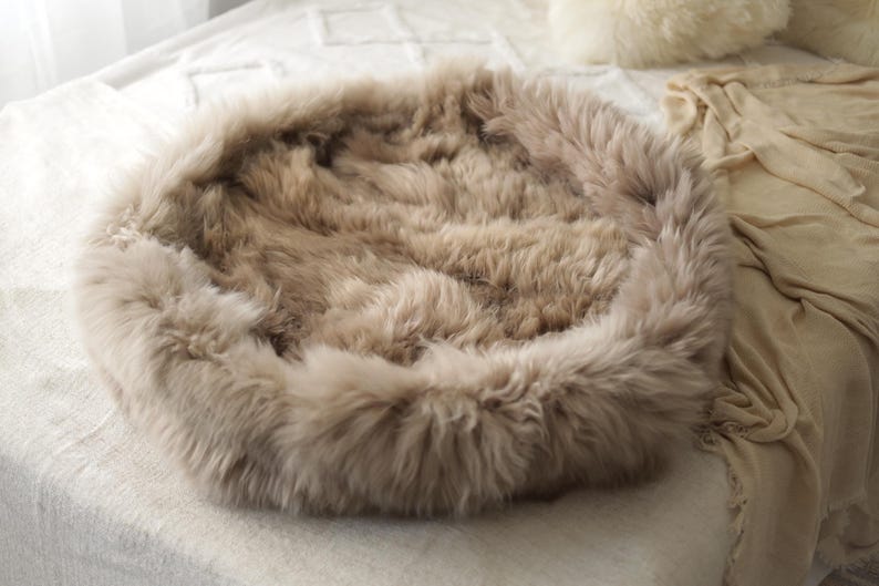 May include: A circular pet bed in a neutral beige hue. The bed features a soft, fluffy texture, with a raised edge and a sunken centre. The bed is designed for comfort and relaxation for small pets.