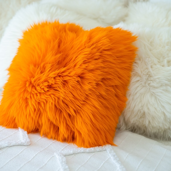 Orange Pillow Sheepskin Beautiful Natural Orange Real Sheepskin Decorative Cushion Both Side Fur Scandinavian Style